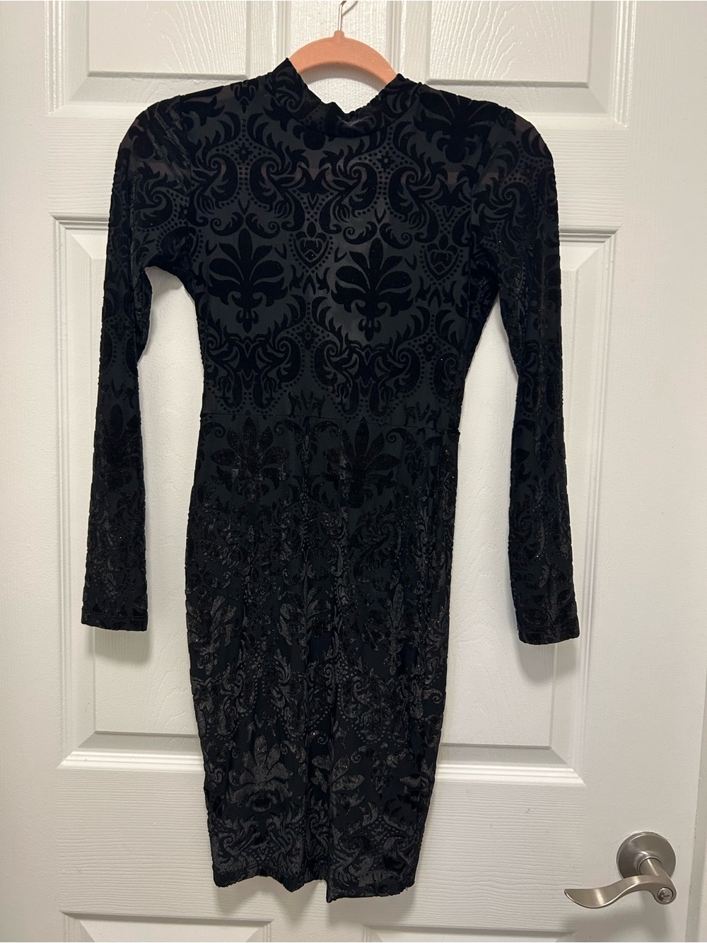 Black Long-Sleeve Velvet Shimmer Burnout Bodycon Dress